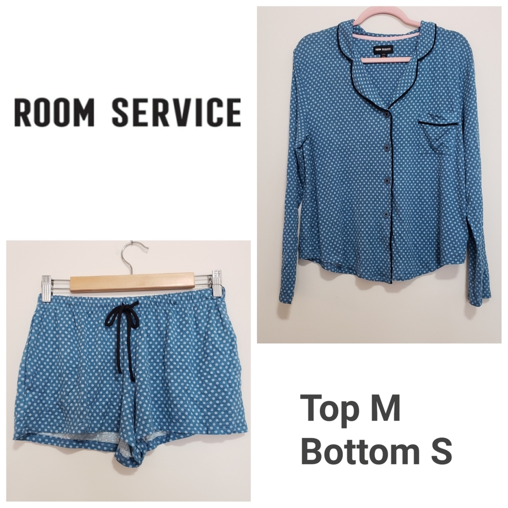 Room service two piece polka dot blue pajamas